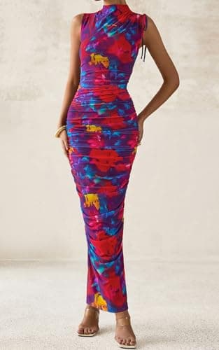 PRETTYGARDEN Women's Summer Maxi Floral Dresses Ruched Bodycon Sleeveless Mesh Formal Wedding Guest Cocktail Split Long Dress view 6