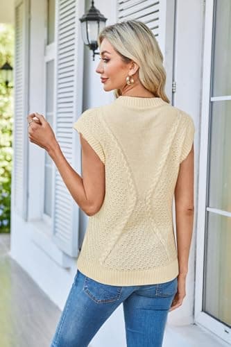Arach&Cloz Womens Spring Sweater Vest 2025 Cap Sleeve Crew Neck Casual Tops Cable Knit Crochet Loose Fit Summer Outfits view 3