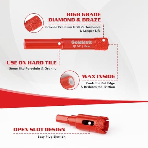 Goldblatt Diamond Drill Bits for Tile, 5 Pcs Set 1/4", 5/16", 3/8", 3/4" Drill Holesaw and 6mm Carbide Drill, Quick Fit Hex Shank for Ceramic, Porcelain, Marble, Granite (not for Wood) view 3
