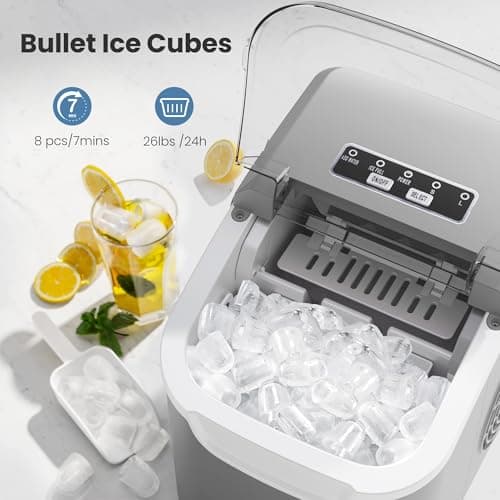 Portable Countertop Ice Maker Machine with Handle, 8 Bullet-Shaped Ice Cubes Ready in 6 Mins, 26Lbs/24H, Self-Cleaning Function with Ice Scoop and Basket for Home/Kitchen/Party (Grey) view 2