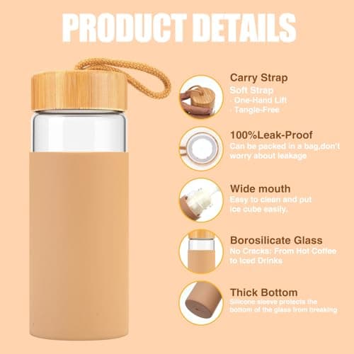Tronco 20 oz Glass Water Bottles with Lids, Reusable Borosilicate Glass Bottles with Bamboo Lid & Non-Slip Silicone Sleeve for Coffee, Iced Tea, Water, Leak-Proof, BPA-Free – Ideal for Office & Home view 4