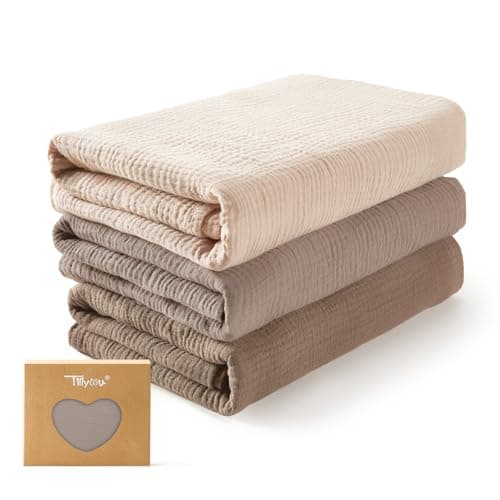 TILLYOU 3 Pack Muslin Swaddles for Newborns, Breathable and Soft Baby Blankets for Girls Boys, Cotton Blanket Baby Wrap Swaddle 47"X47", Gradient Brown — image 1