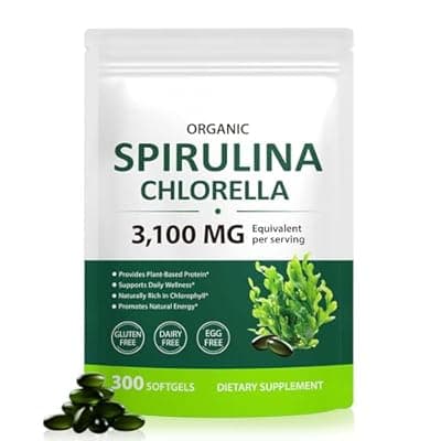 Tiuedu Spirulina Chlorella Softgels 300 Capsules, 17 in 1 Green Nutrient Blend Spirulina Chlorella Softgels,Rich in Plant Protein, Vitamins, Chlorophyll, Easy to Take Softgel