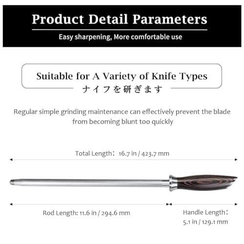 HOSHANHO Honing Rod, 12 Inch Professional Kitchen Knife Sharpener Rod | Japanese High Carbon Knife Sharpening Steel with Ergonomic Pakkawood Handle, Ideal for All Chef Knives, Gift for Chefs view 6