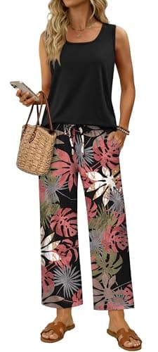 WIHOLL Two Piece Sets for Women Summer Spring Outfits Tank Square Neck Sleeveless Travel Vacation Lounge Wide Leg Pants Set view 2