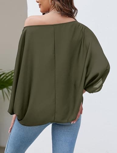 VIMPUNEC Womens Off The Shoulder Flowy Tops Casual Batwing Sleeves Blouses Loose Chiffon Shirts view 2