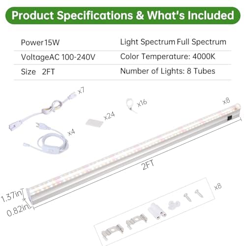 DingChen T5 Grow Lights, 2FT 120W (8×15W, 1000W Equivalent), Full Spectrum Grow Lights for Indoor Plants, 4000K, Plug and Play, Easy to Install, for Greenhouse & Plant Shelves (8 Pack) view 7