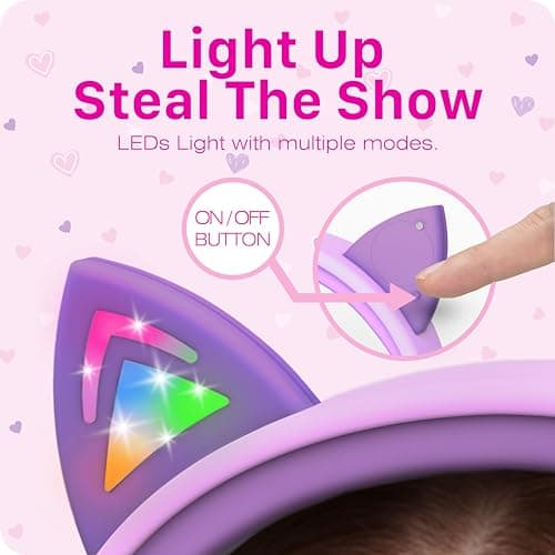 FosPower Kids Headphones with LED Cat Ears (85dB Safe Volume Limit), 3.5mm Soft On-Ear Wired Headphones with Tangle-Free Laced Cables for iPad/Tablet/School/Travel - Baby Pink/Lavender view 5