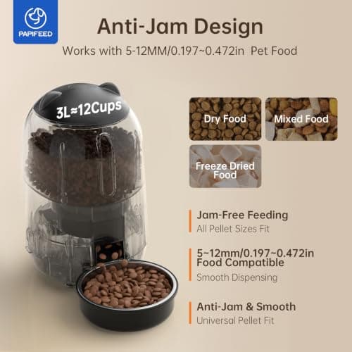PAPIFEED Automatic Cat Feeder with App, WiFi Auto Cat Feeder, 3L Slow-Feed Cat Food Dispenser for Dry Food, Dual Power Supply Timed Pet Feeder for Small Dog, 10 Meals/Day, 6 Portions/Meal, Black view 2