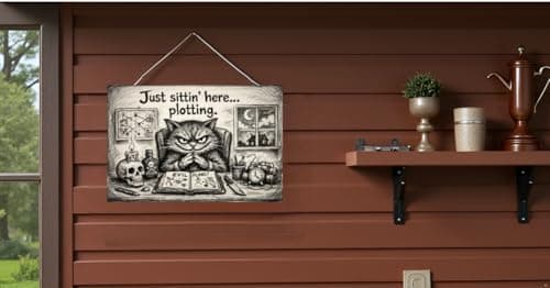Just Sittin Here Plotting Metal Tin Sign Dark Humor Cat Artwork Funny Bathroom Wall Decor Gothic Sketch Style Plaque Restroom Home Office Gift 8x12 Inch Pre Drilled Hanging Art view 5