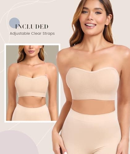 Finduself Strapless Bras for Women Non-Slip Padded Bandeau Bra Wireless Tube Top Bra Including Clear Straps view 2