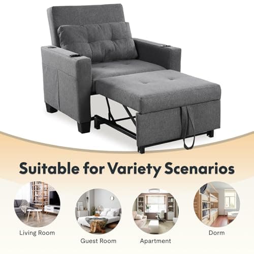 FLEXISPOT XCT2 Sleeper Chair Bed, Sofa Bed Chair 3 in 1 w/USB Port, Pillow, Cup Holders, Convertible Pull Out Bed W/Adjustable Backrest for Living Room Apartment Small Space, Grey view 6