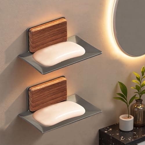 Wooden Soap Dish for Shower Wall Self Draining Square Soap Holder with Metal Drain Hanging Soap Dish for Shower view 2