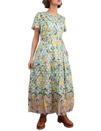 ACCPUR Women's Summer Boho Maxi Dresses Floral V Neck Tiered Short Sleeve Long Dress Flowy Beach Vacation Dress with Pockets view 3