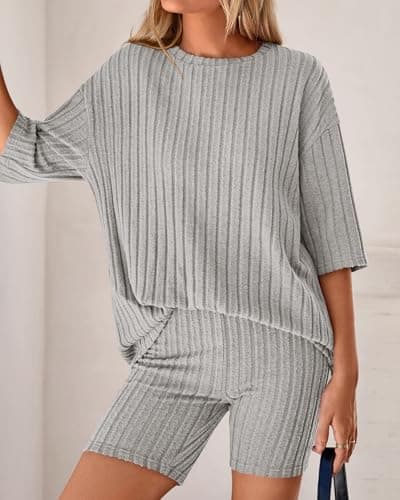 KIRUNDO Short Sets For Women Summer 2 Piece Matching Lounge Sets Casual Rib Knit Tshirts Biker Shorts Beach Vacation Outfits view 5