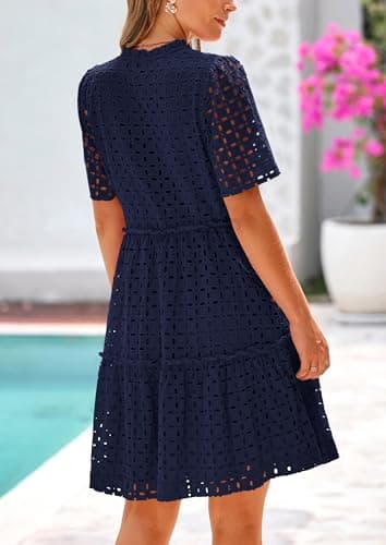 PRETTYGARDEN Eyelet Dresses for Women 2026 Summer Short Sleeve V Neck Hollow Out Ruffle A Line Boho Beach Vacation Mini Dress view 2