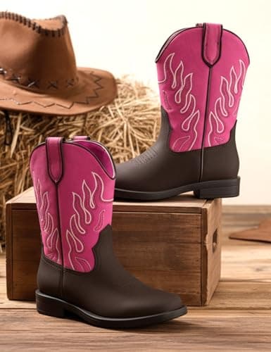 PATPAT Toddler Little Boys Girls Cowboy Boots, Square Toe Mid Calf Embroidered Cowboy Boots Western Riding Shoes view 3