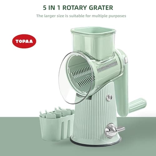 Rotary Cheese Grater with Handle - Vegetable Shredder with 5 Blades & Strong Suction Base, Round Slicer & Food Chopper for Kitchen (Green) view 4