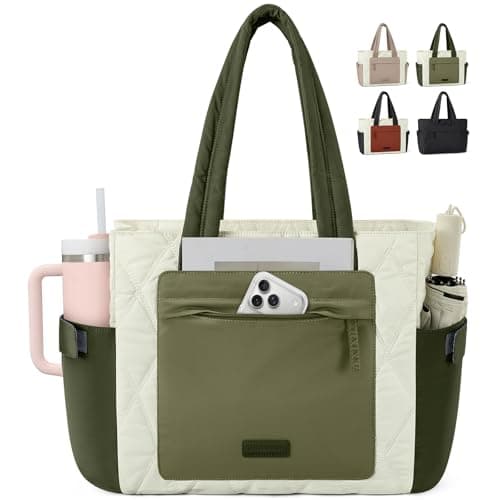 RAINSMORE Work Tote Bag for Women, Puffer Laptop Tote Bag for Teacher Large Lightweight Quilted Travel Bag with Cup Holder — image 1