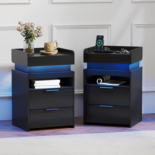 Turosur Nightstands Set of 2, LED Night Stand with Gun Drawer, Smart Nightstand withHidden Charging Station, Modern Beside Table with USB and Type-C Port for Bedroom (Black) — image 1