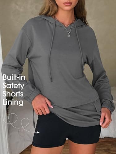 EXLURA Women Two Piece Set Cotton Sweatsuit Travel Airport Outfits 2026 Tracksuit Hooded Sweatshirt Cargo Skort Skirt Pockets view 5