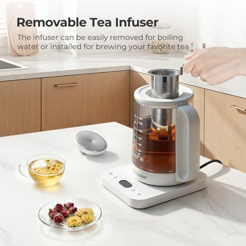Narcissus Electric Kettle Temperature Control ±5℉, 1.8L Glass Electric Tea Kettle with Removable Infuser for Flowers & Fruit Tea, 1200W Fast Boiling, 6 Hours Keep Warming, White view 5