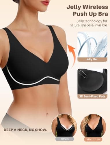 Showyoo Jelly Bras for Women Wireless Bra Seamless Push Up T-Shirt Bralette | Deep V Neck,No Underwire,Adjustable Strap,Support and Lift,No Show,Comfortable,Soft,Everyday Bra view 2