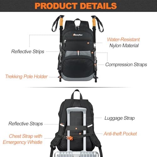Seektop Lightweight Travel Backpack for Men Women, Multiple Pockets 40L Hiking Backpack Foldable Carry on Backpack for Outdoor Camping Sport Leisure (Black) view 5