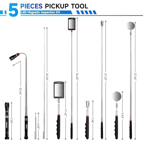 5Pcs Telescoping Magnetic Pick Up Tool Set, Gifts for Men, Dad, Women, Birthday Gifts Box with 1lb &15lb Pick-up Rod, 360° Square & Circle Swivel Adjustable Inspection Mirror and LED Flashlight view 2