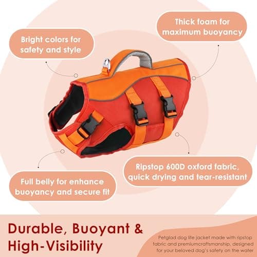 Petglad Dog Life Jacket, High Buoyancy Dog Life Vest with Handle for Swimming Boating, Adjustable Swimming Vest with Reflective Trim for Small Medium Large Dogs - Orange, M view 2