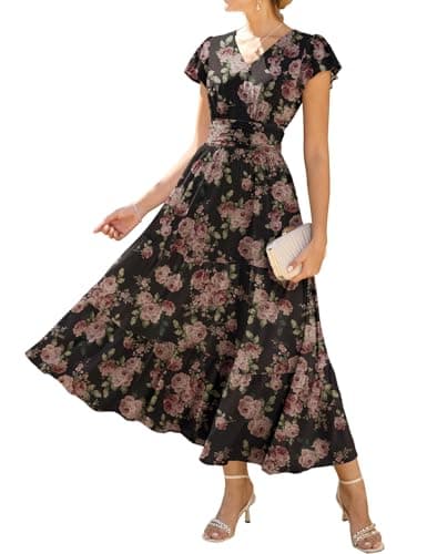 GRACE KARIN 2026 Women Summer Dress,Maxi Short Sleeve Floral Dresses,Semi Formal Flowy Wedding Guest Dress with Pocket view 2