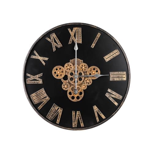 BaiYunTech 24 Inch Black Large Round Vintage Industrial Wall Clock with Real Moving Gears, Black Roman Numeral, Battery Operated, Silent, Farmhouse Decor for Home, Office, Living Room, Bedroom