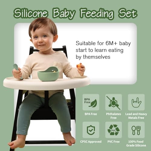 Baby Led Weaning Supplies, 17 Piece BPA-Free Silicone Feeding Set, Eating Essentials Baby Utensils with Suction Plate and Bowl, Pocket Bib, Sippy Cup with Lid, for 6+ Months, Green view 4