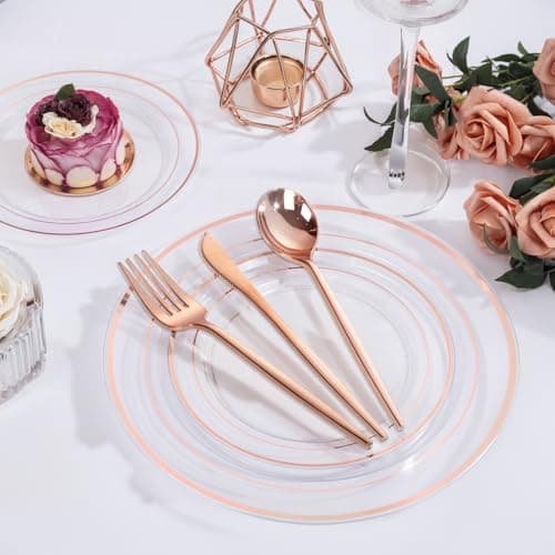 PULOTE 150PCS Rose Gold Plastic Silverware Set - Heavy Duty Rose Gold Utensils - Plastic Cutlery Disposable - Include 50 Forks, 50 Knives, 50 Spoons for Party, Mother's Day & Wedding view 2