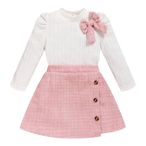 Toddler Girl Plaid Outfits Fall Winter Dress Knit Ribbed Bow Sweatshirt Tops and Button Fashion Skirts Set（White+Pink,4T