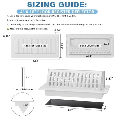 Floor Vent Covers with Vent Deflector, Adjustable Floor Register 4x10, Air Vent Deflector Includes Mounting Screws for Floor Wall & Ceiling for Easy Install, 2 in 1 Floor Vents, White, 2 Pack view 2