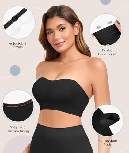 Finduself Strapless Bras for Women Non-Slip Padded Bandeau Bra Wireless Tube Top Bra Including Clear Straps view 4