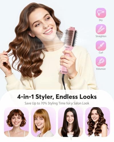 2" Travel Blow Dryer Brush, Dual Voltage 100-240V Hot Air Brush, 4-in-1 Ionic Hair Dryer Brush for Blowout, Volumizing, Straightening, Curling & Drying, Portable with EU UK Plug view 4