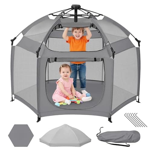 Dripex Baby Playpen, Portable Pop Up Playpen with Canopy, Beach Tent Grey | Petite-Friendly Easy Setup,Auto Anti-Pinch Lock,Zippered Access Window,Bug-Free Outdoor Play,Quick Buckle Folding Storage — image 1