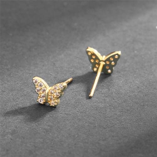 DHZJTSL Dainty Gold Butterfly Stud Earrings for Women with S925 Sterling Silver Post, Hypoallergenic 14K Gold Plated Butterfly Shaped Minimalist Earrings Jewelry, Cartilage Helix Piercing view 3