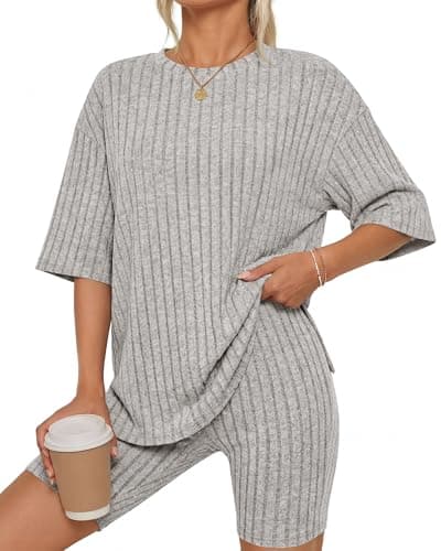 KIRUNDO Short Sets For Women Summer 2 Piece Matching Lounge Sets Casual Rib Knit Tshirts Biker Shorts Beach Vacation Outfits — image 1