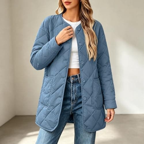 Quilted Jackets for Women Warm Mid Length Lightweight Puffer Coats | Casual Long Sleeve Button down Diamond Puffer Jacket Coats Fashion Fall Winter Padded Outerwear with Pockets view 2
