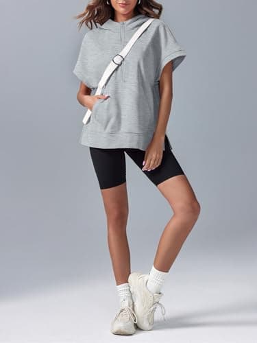 Fisoew Womens Oversized Half Zip Hoodies Short Sleeve Casual Sweatshirts Pullover Tops with Pockets view 5