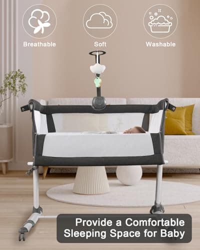 Yacul Baby Bassinet, Bedside Crib Sleeper with Wheels and Music Box, Breathable Mesh Height Adjustable Baby Bedside Sleeper, Portable, Dark Gray view 3