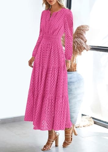 PRETTYGARDEN Women's Long Sleeve Maxi Dress V Neck Hollow Out Eyelet A Line Long Flowy 2026 Spring Wedding Guest Dresses view 4