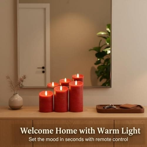 ANGELLOONG Red Flameless Candles with Remote and Timer, Real Wax Flickering Fake Pillar Candles Battery Operated, Electric LED Candle for Bathroom Table Decor Birthday Gifts for Him Her, Set of 3 view 3