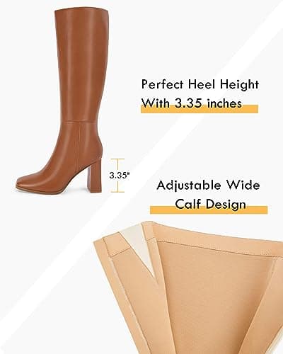 Coutgo Womens Wide Calf Knee High Boots Chunky High Heel Square Toe Fashion Leather Shoes with Side Zipper view 4