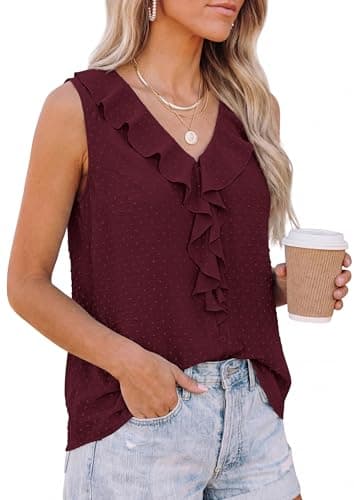 PRETTYGARDEN Tank Tops for Women 2026 Summer Fashion Sleeveless Ruffle Button Swiss Dot Dressy Casual Blouses Work Shirts view 3