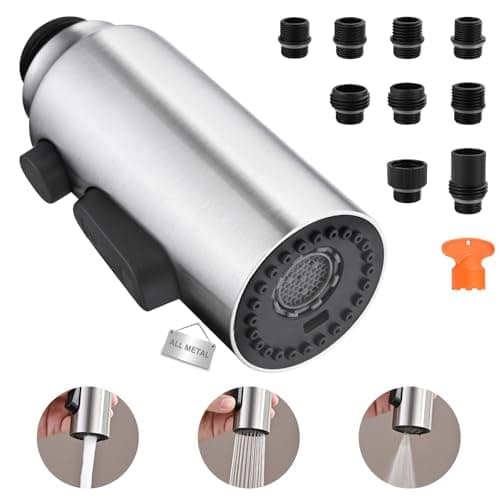 Metal Kitchen Faucet Head Replacement, 3-Function Pull Down Spray Head for Kitchen Faucet, High Pressure Sink Spray Nozzle with 9 Adapters Compatible with Most Faucets, Brushed Nickel — image 1
