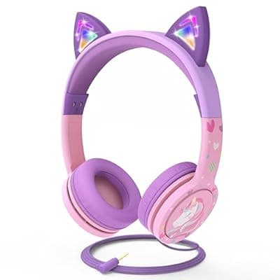 FosPower Kids Headphones with LED Cat Ears (85dB Safe Volume Limit), 3.5mm Soft On-Ear Wired Headphones with Tangle-Free Laced Cables for iPad/Tablet/School/Travel - Baby Pink/Lavender
